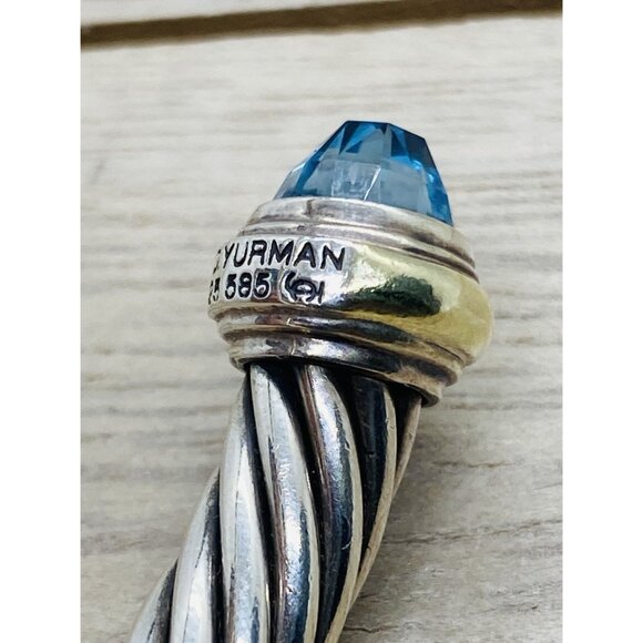 David Yurman Sterling Silver 925 & 14k Gold 7mm Cable Topaz Cuff Bracelet - Picture 6 of 8